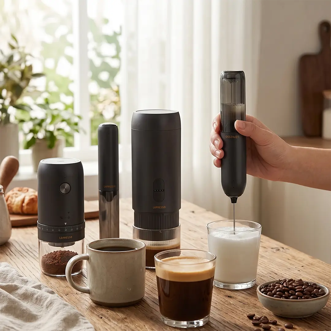 Lepresso Brewology Coffee Kit (Espresso Maker, Rechargeable Grinder & Milk Frother) - Black