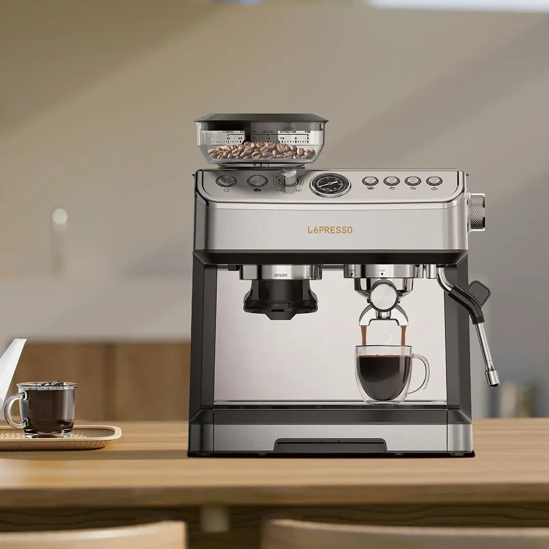Lepresso Espresso Machine Conical Grinder & Steamer - Silver