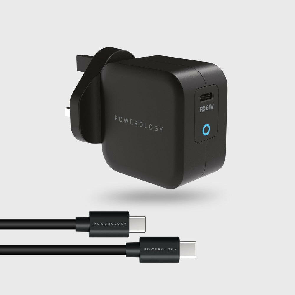 Powerology Ultra-Compact 61W PD GaN Charger Includes 2m /6.6ft USB-C to USB-C Cable - Phonology