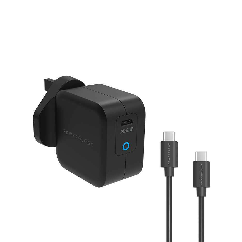 Powerology Ultra-Compact 61W PD GaN Charger Includes 2m /6.6ft USB-C to USB-C Cable - Phonology