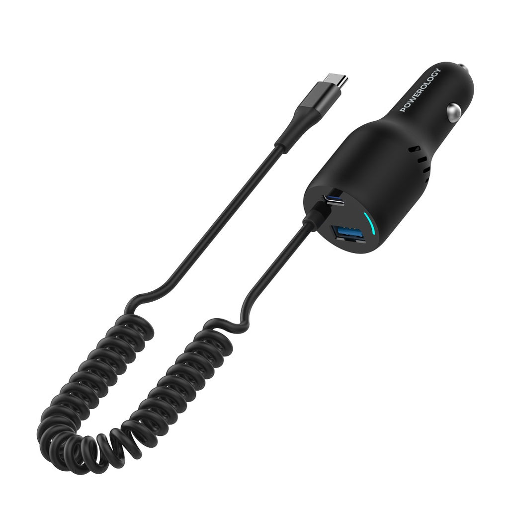 Powerology PD100W+QC18W+Type C Cable 20W LED Dual Ports Car Charger With Coiled Cable - Black