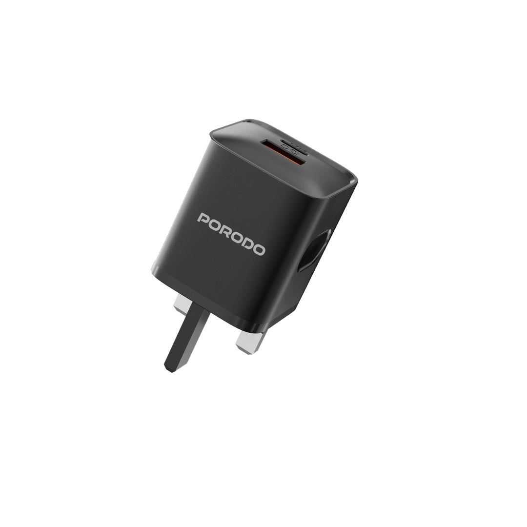Porodo Dual Port Wall Charger UK with Type-C Cable - Black