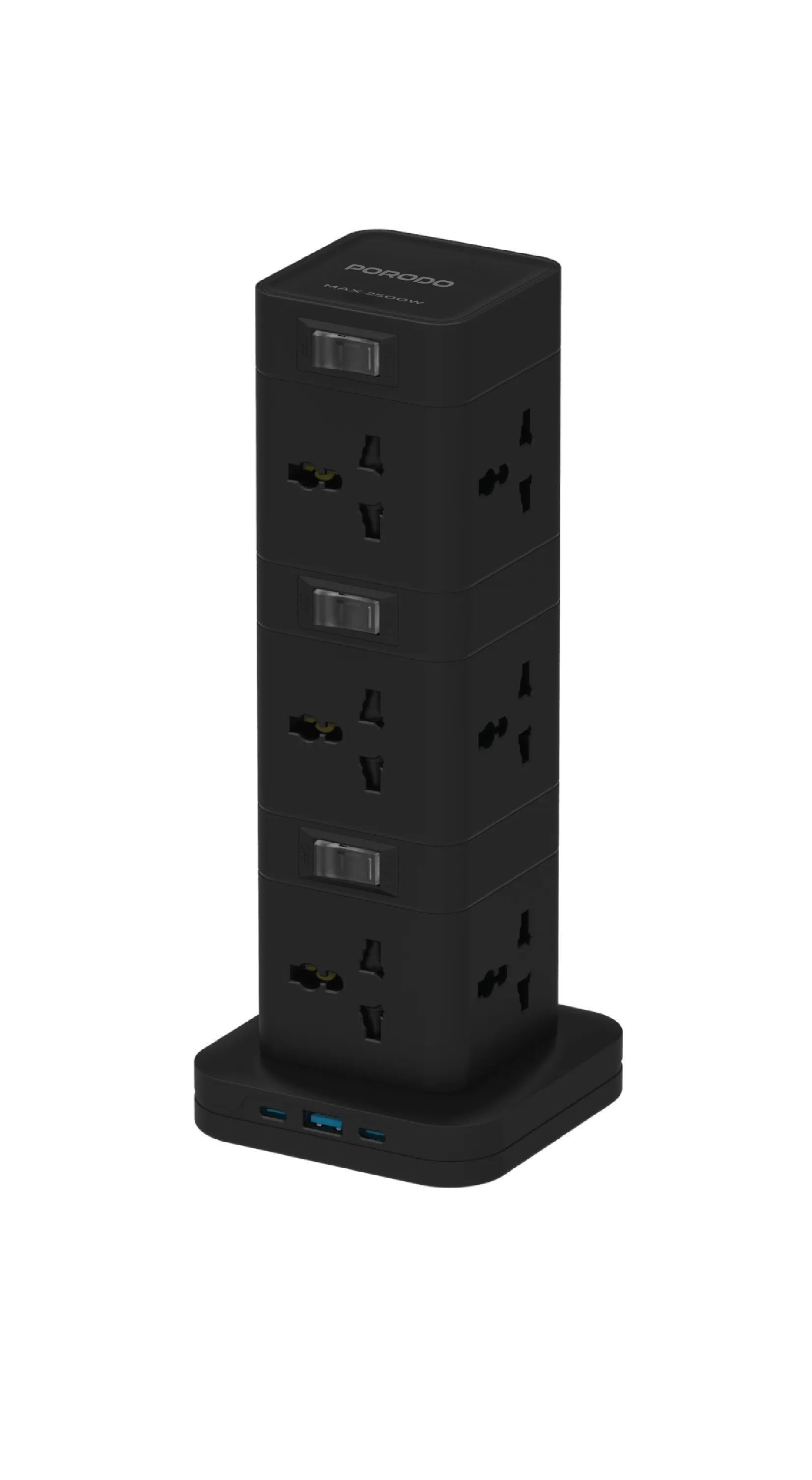 Porodo Three-Story 12AC Power Hub With USB-C PD & Quick Charge 3.0 - BLACK