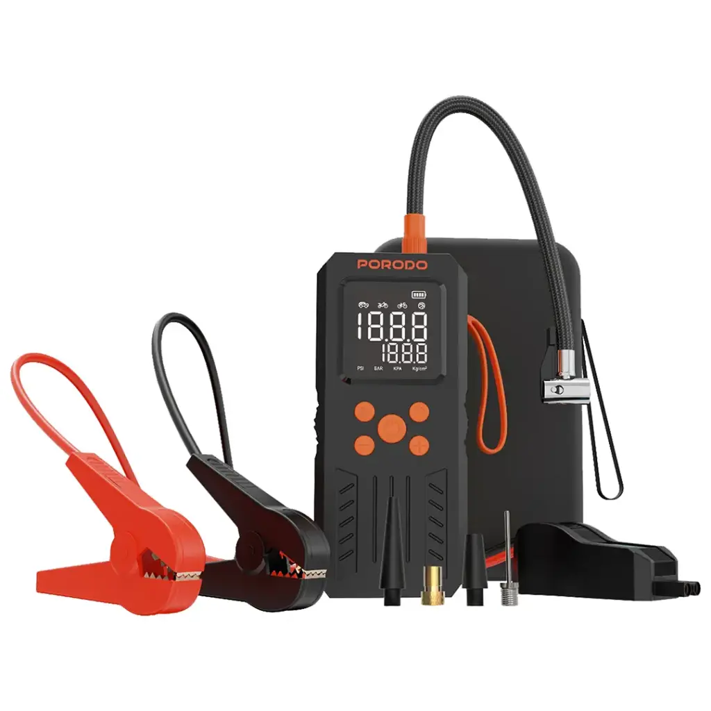 Porodo 4-In-1 Multi-Tool Inflator & Jump Starter with 150PSI Auto-Stop & SOS Lighting - Black