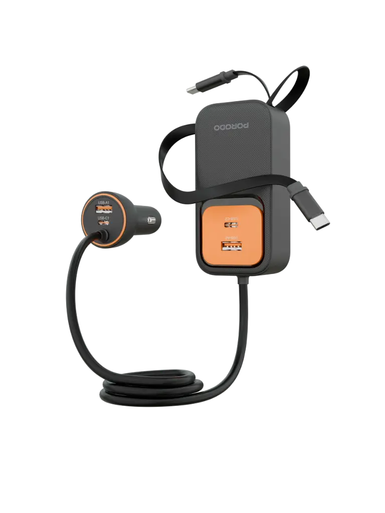Porodo ENZO Multi-Port Car Charger Dual 70cm Retractable Cables - Black
