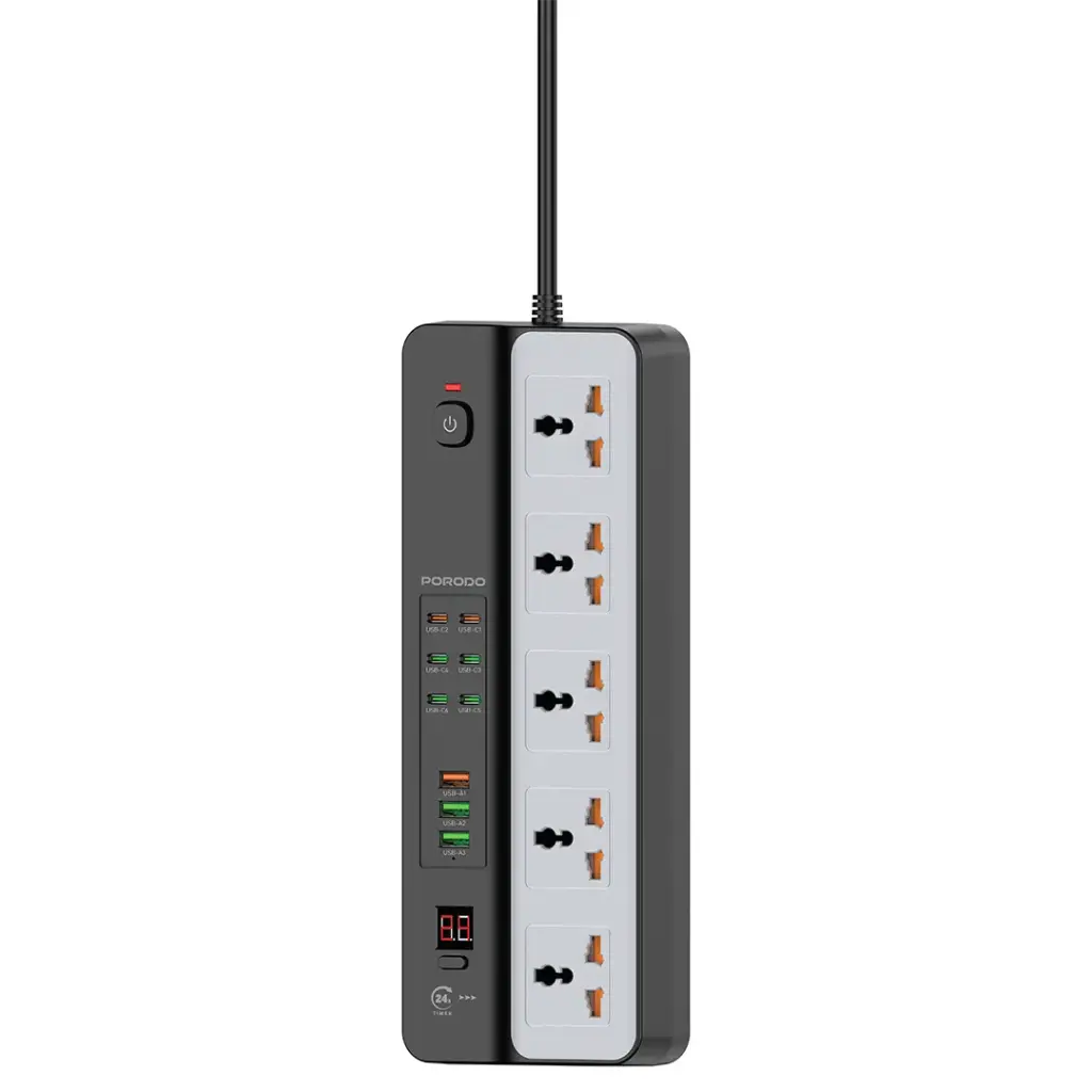 Porodo 3000W | 5AC Universal Power Strip with 9 USB Ports (6C + 3A) - Black