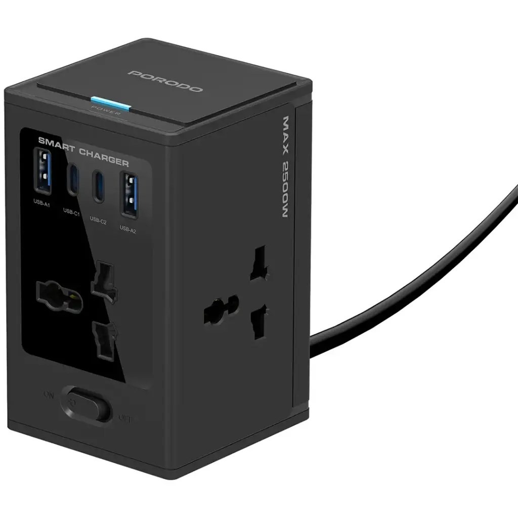 Porodo Universal GaN Multi-Port Cube Adapter with 4 AC Sockets - Black