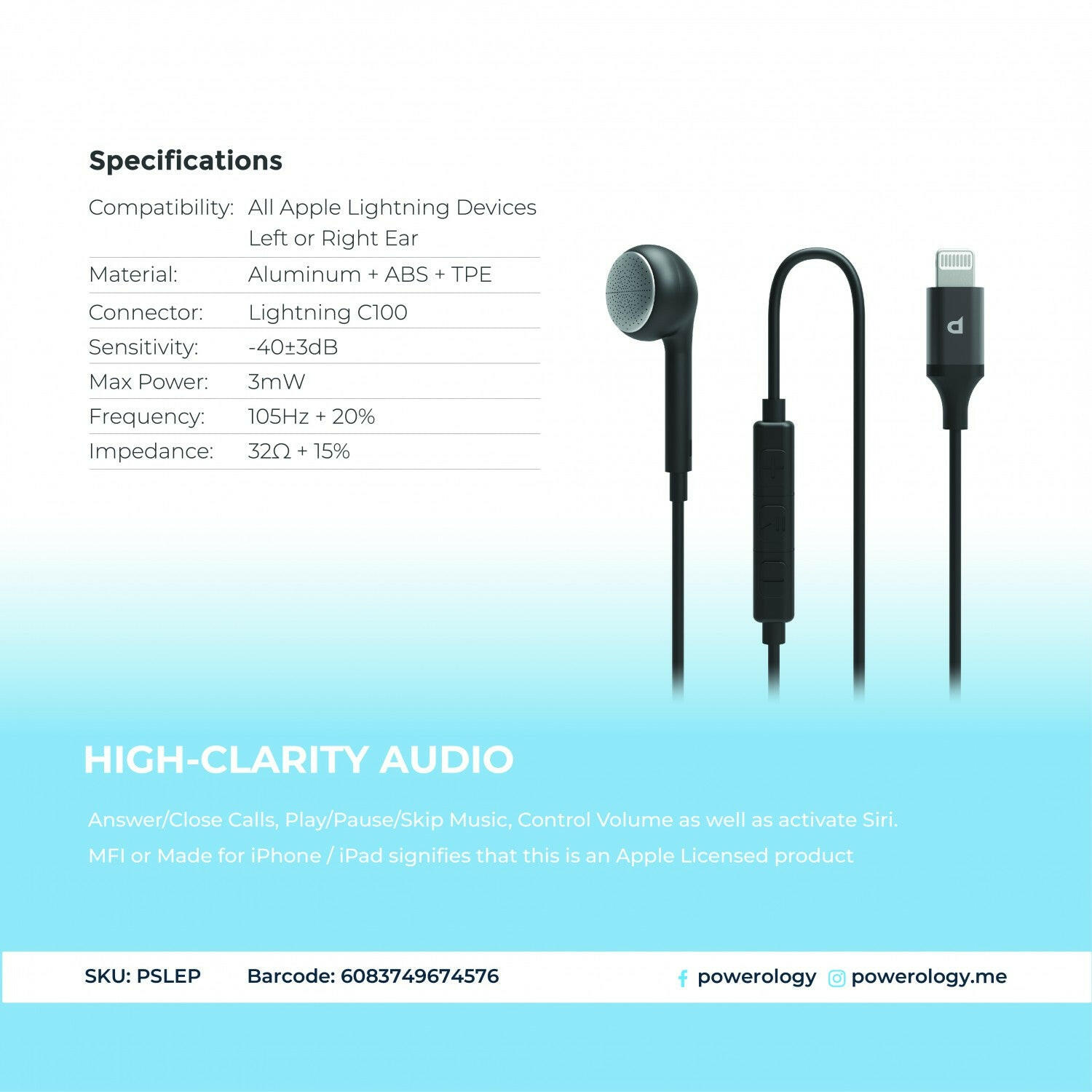 Powerology Mono Earphone Lightning Connector - Phonology