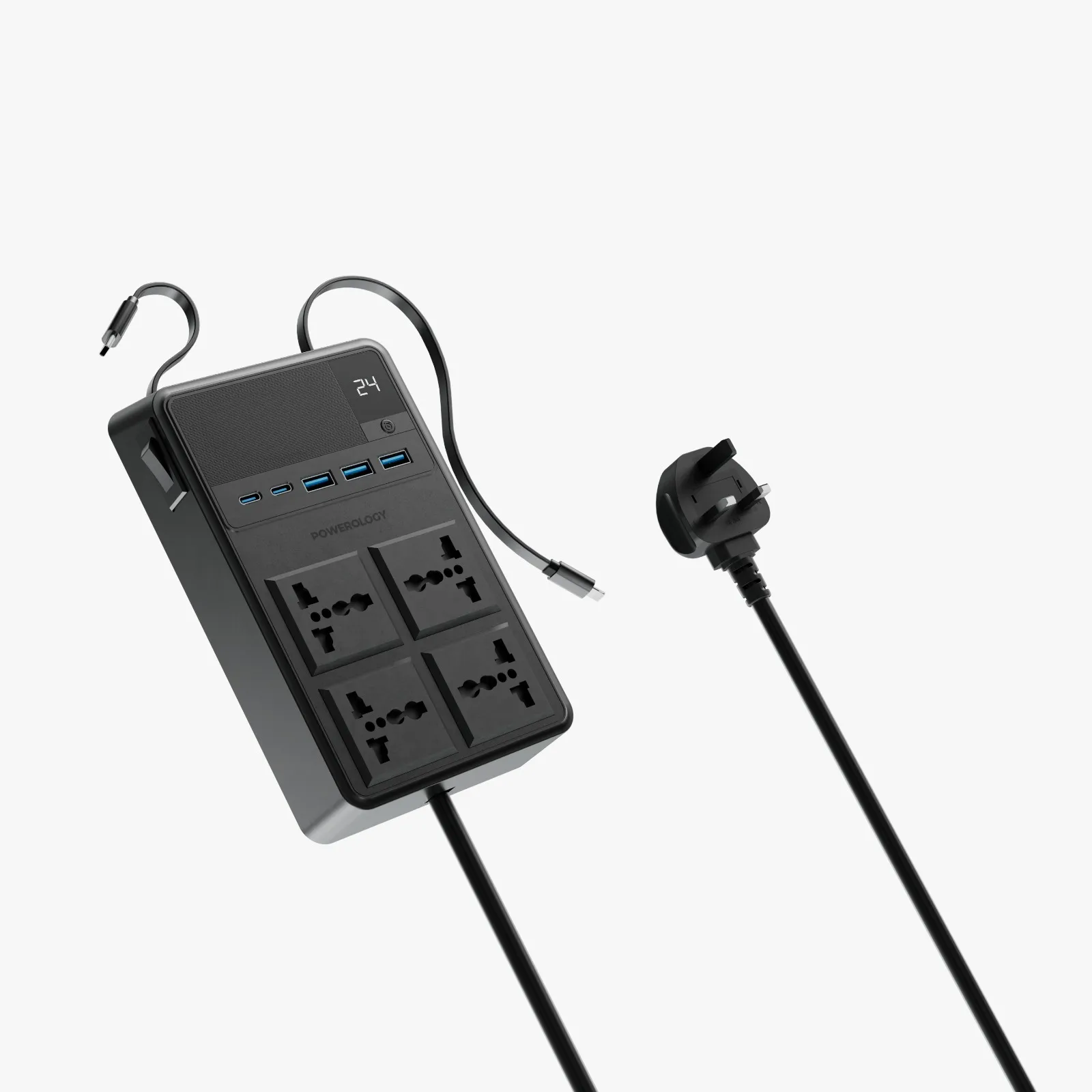 Powerology 2500w 4 AC Power Strip with Built-In Retractable Cables - Black