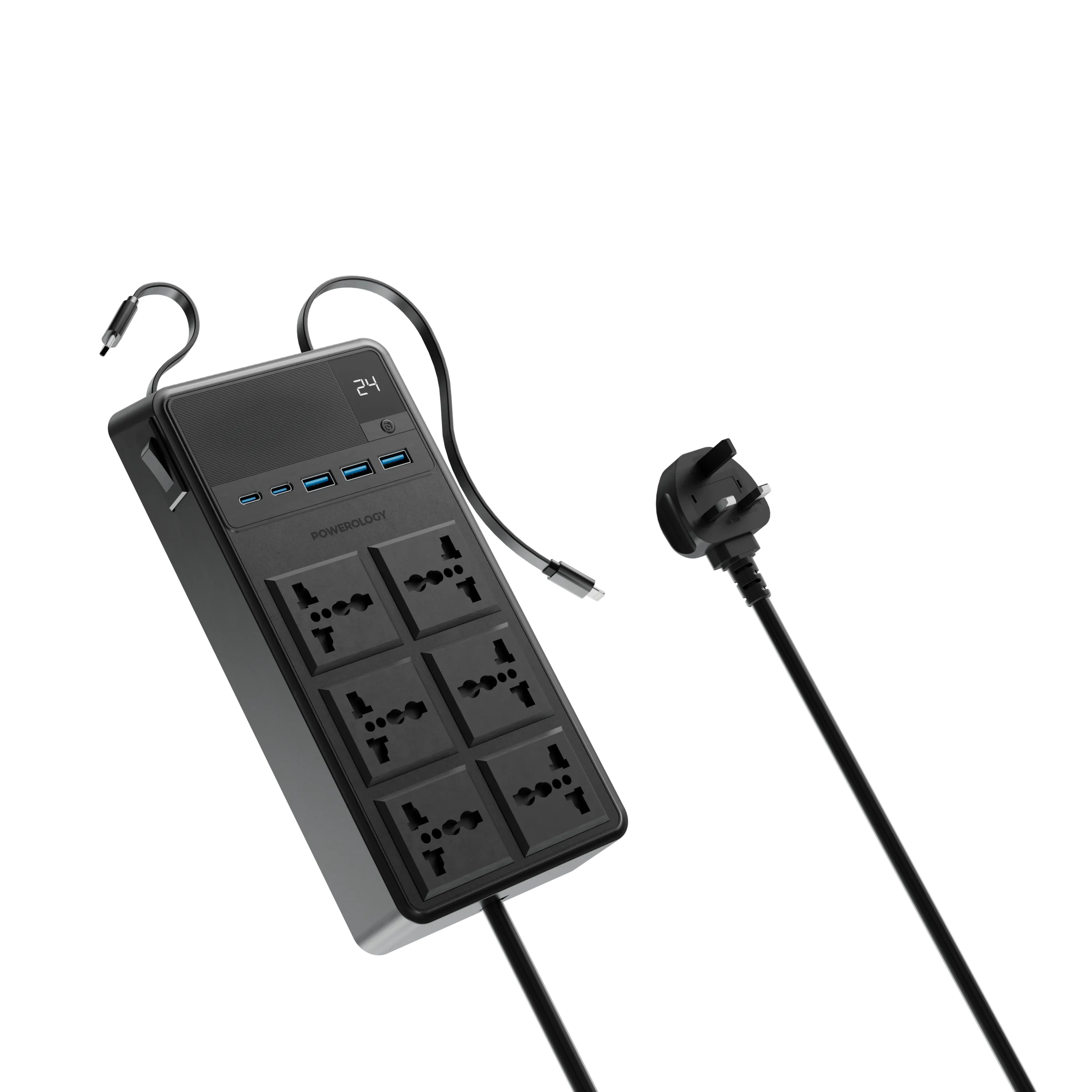 Powerology 2500W 6AC Power Strip with Built-In Retractable Cables - Black