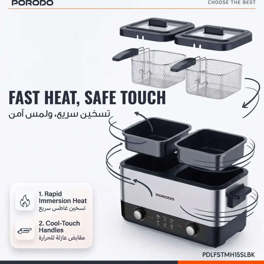 Porodo Lifestyle Dual Crispo Dual Basket Electric Deep Fryer with Manual Heat Control - Black