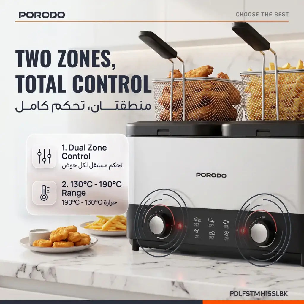 Porodo Lifestyle Dual Crispo Dual Basket Electric Deep Fryer with Manual Heat Control - Black