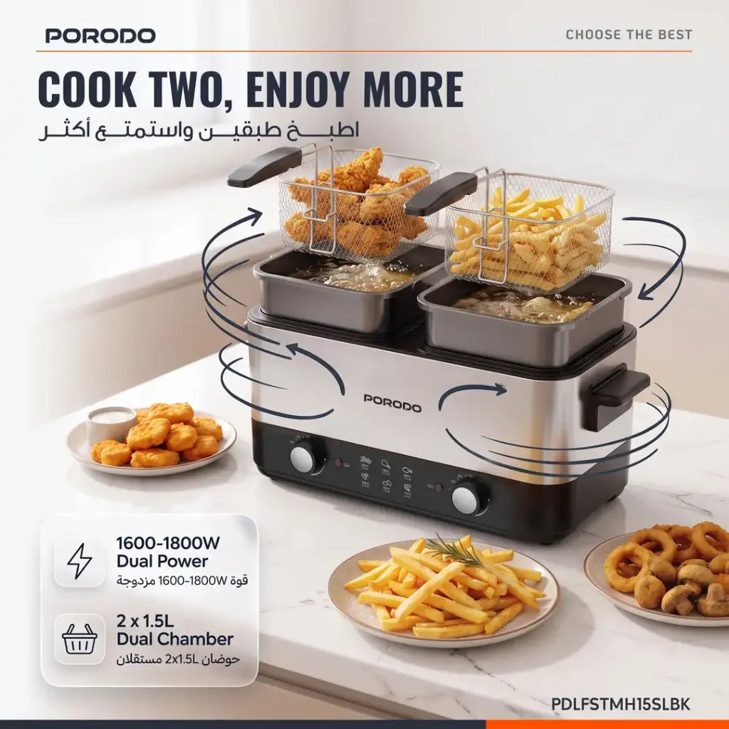 Porodo Lifestyle Dual Crispo Dual Basket Electric Deep Fryer with Manual Heat Control - Black