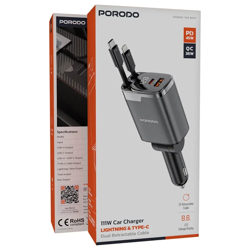 Porodo 111W Car Charger with Lightning & Type-C Retractable Cables - Gray