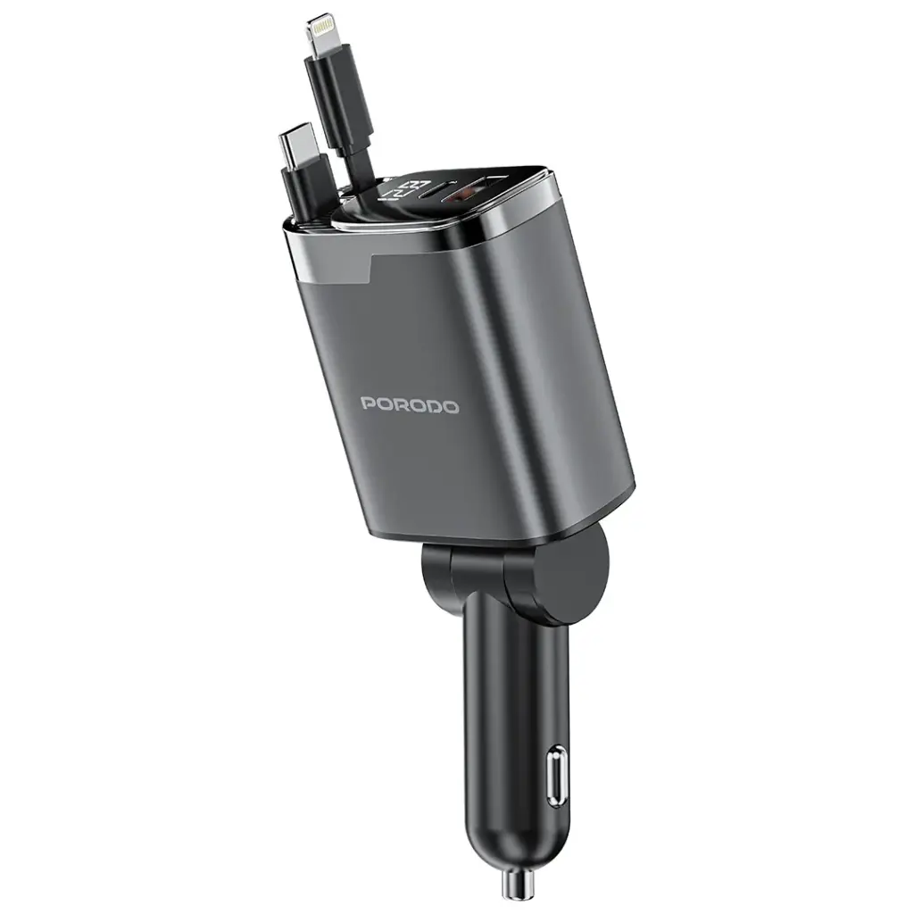 Porodo 111W Car Charger with Lightning & Type-C Retractable Cables - Gray