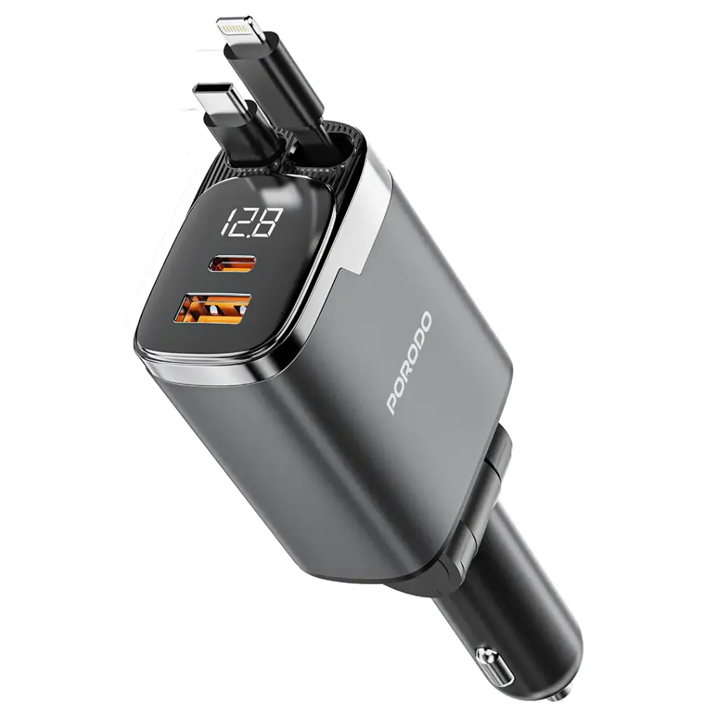 Porodo 111W Car Charger with Lightning & Type-C Retractable Cables - Gray