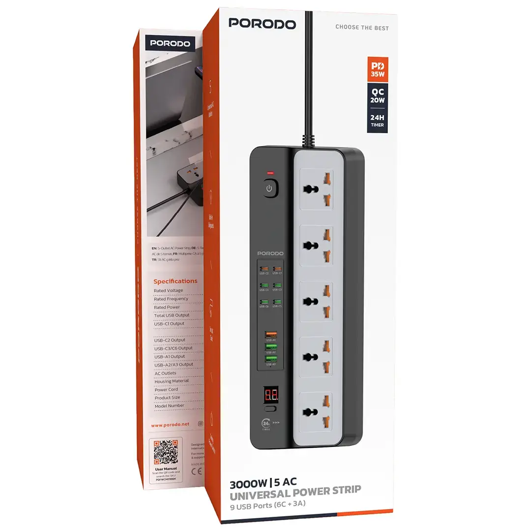 Porodo 3000W | 5AC Universal Power Strip with 9 USB Ports (6C + 3A) - Black
