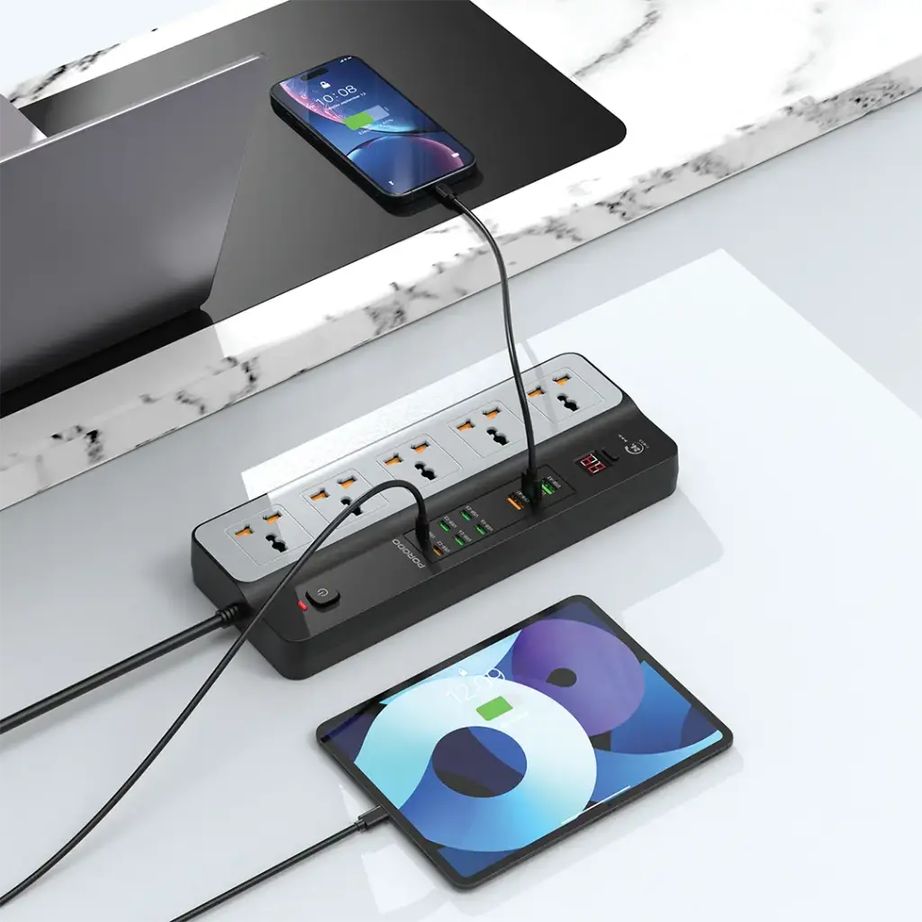 Porodo 3000W | 5AC Universal Power Strip with 9 USB Ports (6C + 3A) - Black