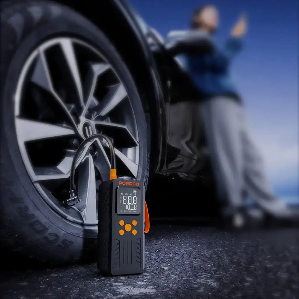Porodo 4-In-1 Multi-Tool Inflator & Jump Starter with 150PSI Auto-Stop & SOS Lighting - Black