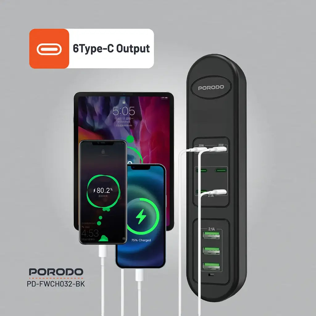 Porodo 50W Multi-Port USB Charging HUB - Black