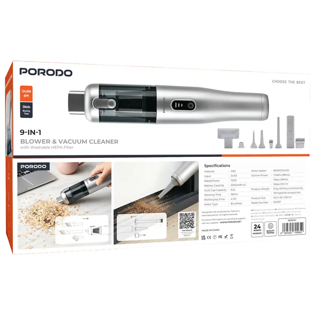 Porodo 9-In-1 Blower & Vacuum Cleaner with Washable HEPA Filter - Gray
