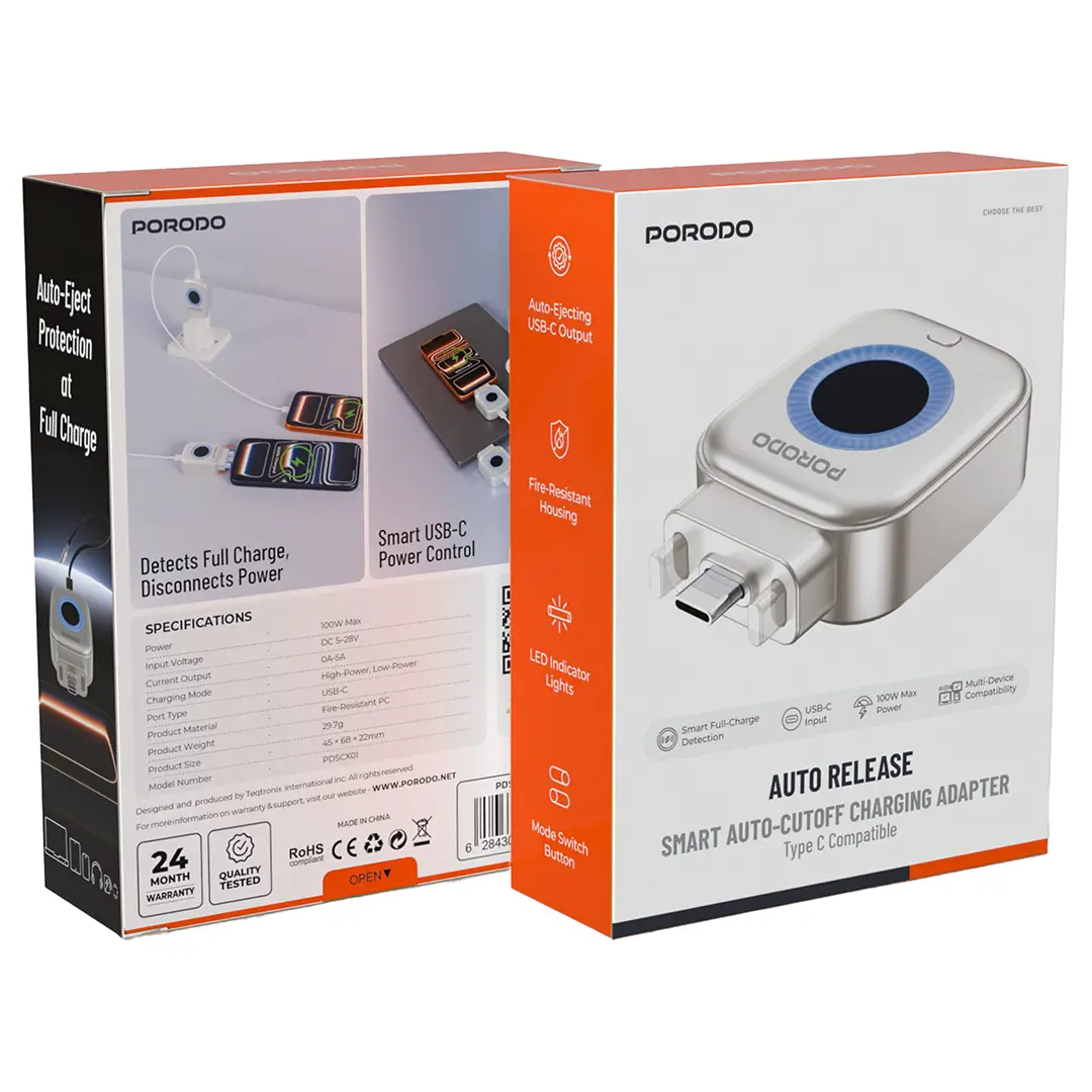 Porodo Auto Release Smart Auto-Cutoff Charging Adapter - Silver