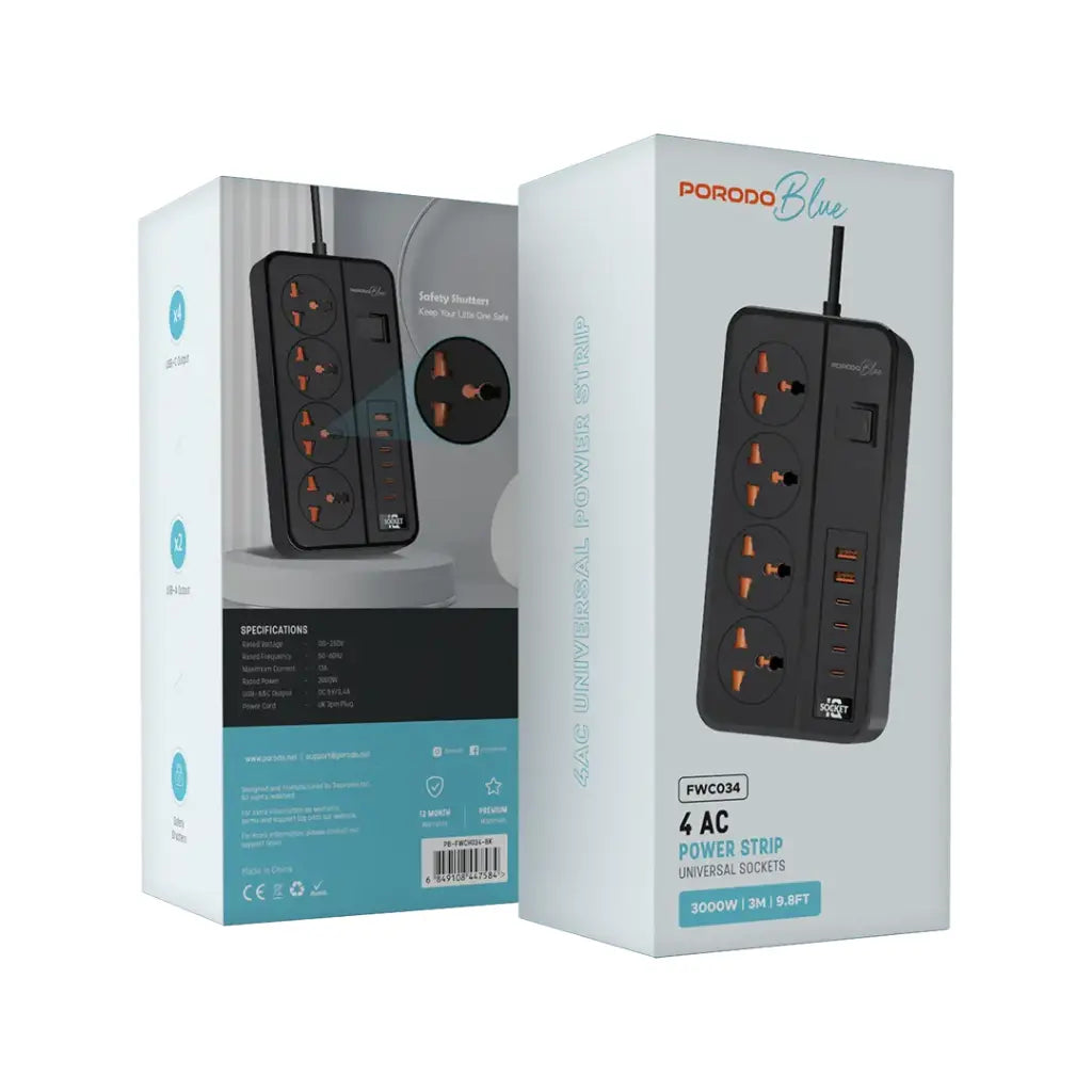 Porodo Blue 4 AC Power Strip - Black