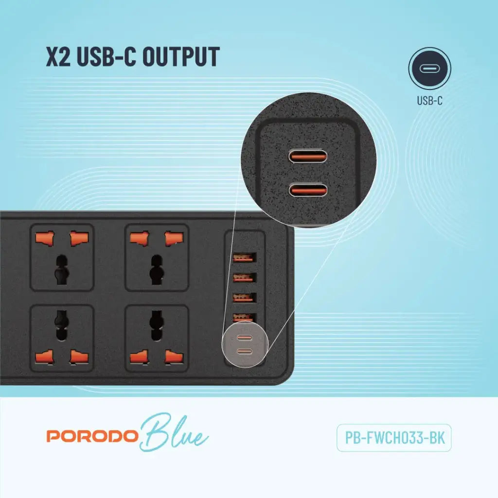 Porodo Blue 6 AC - Dual Switch Power Strip - Black