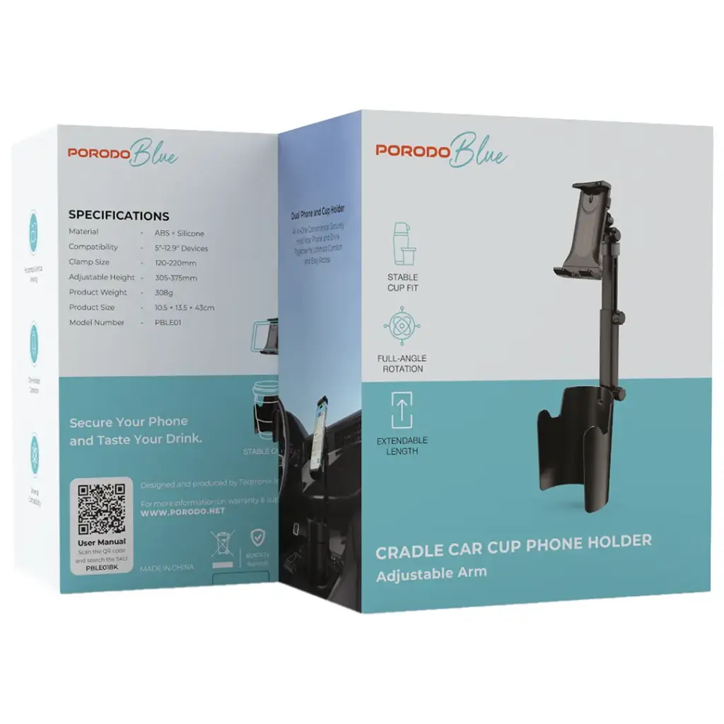 Porodo Blue Cradle Car Cup Phone Holder with Adjustable Arm - Black