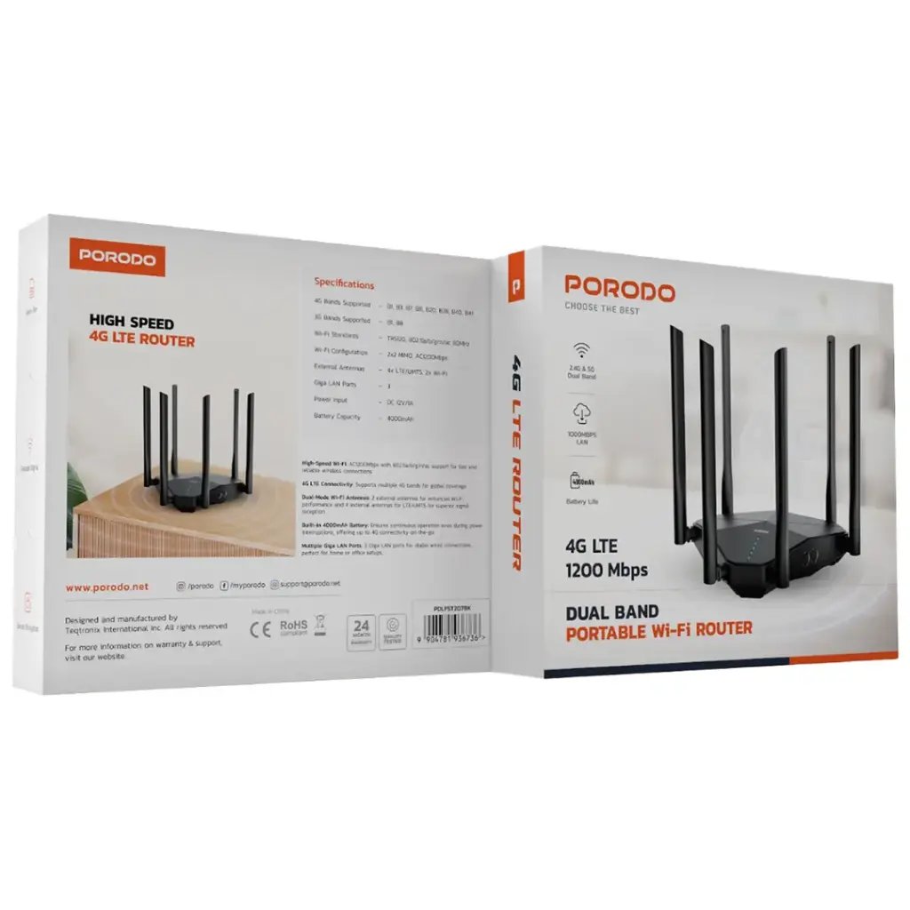 Porodo Dual Band Portable Wi-Fi Router - Black