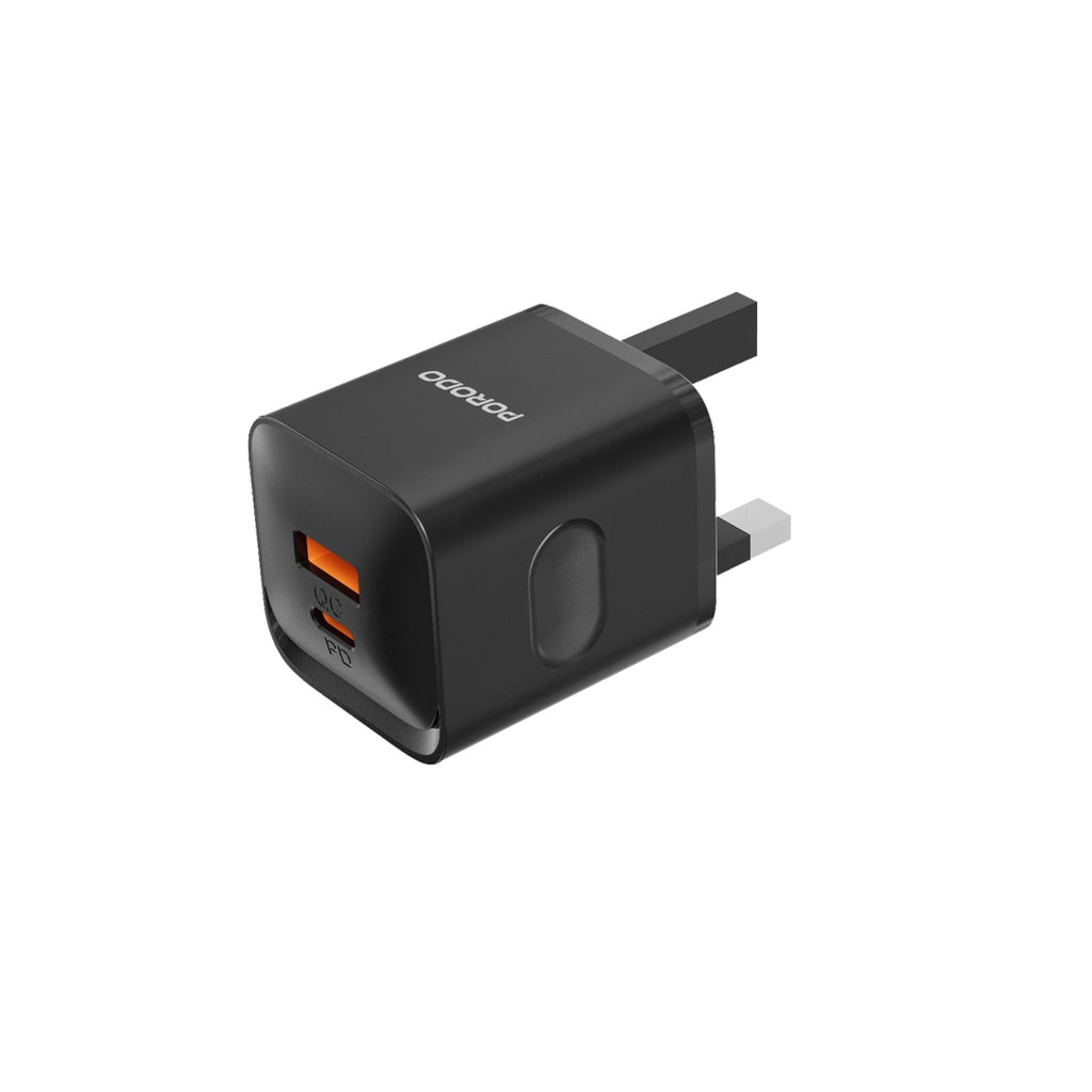 Porodo Dual Port Wall Charger UK with Type-C Cable - Black