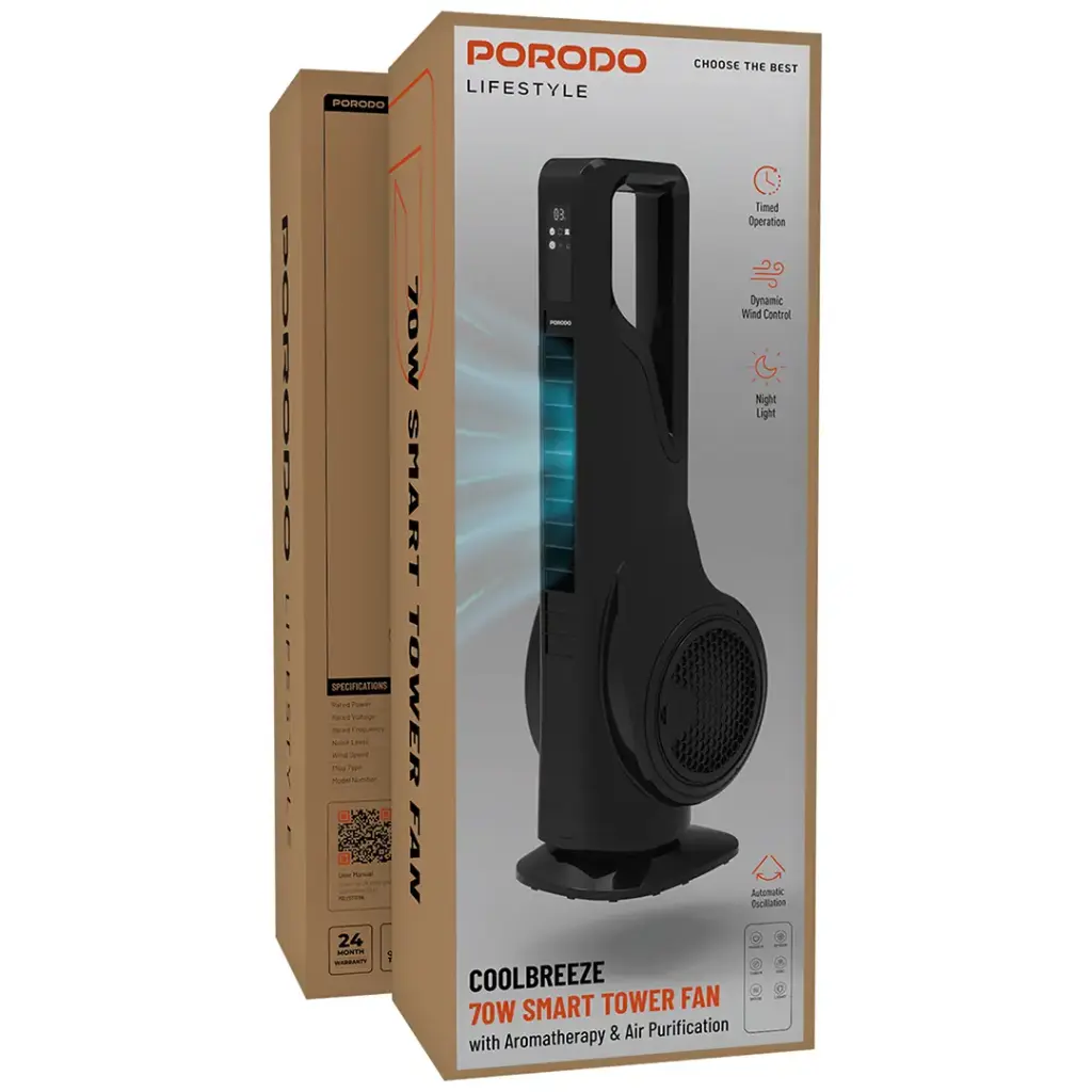Porodo Lifestyle Coolbreeze 70W Smart Tower Fan with Aromatherapy & Air Purification - Black