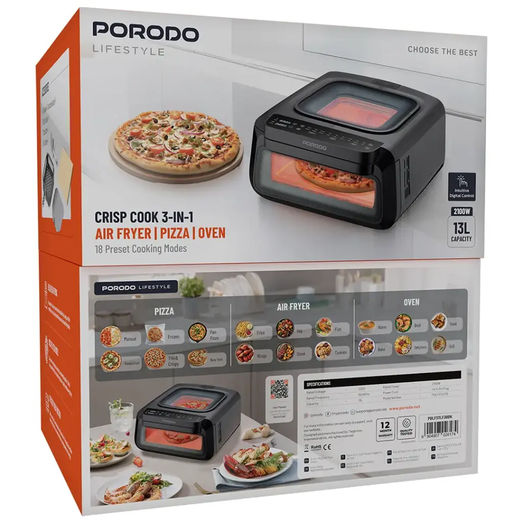Porodo Lifestyle Crisp Cook 3-In-1 Air Fryer, Pizza, Oven - Black