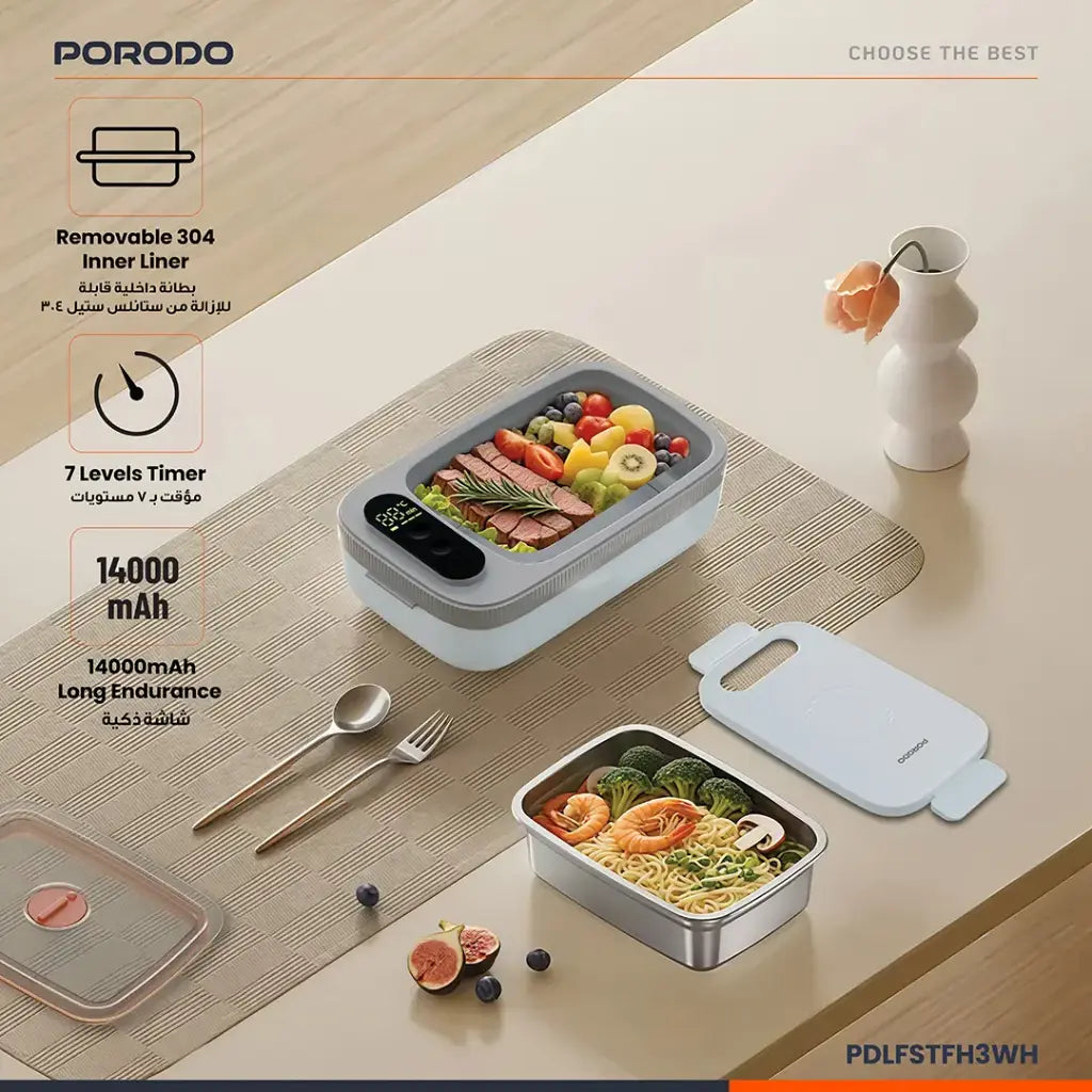 Porodo Lifestyle Heatmate Waterless Electric Lunch Box with Smart Thermostat Control - White