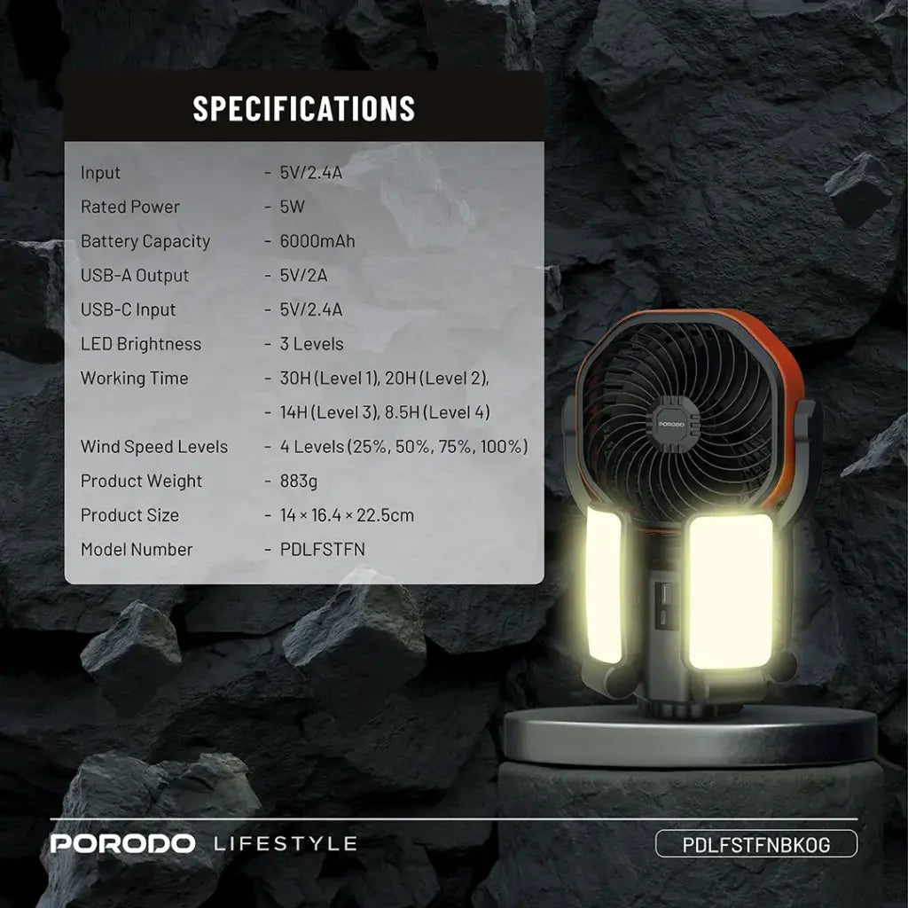Porodo Lifestyle Suncharge Outdoor Solar Fan - Black & Orange