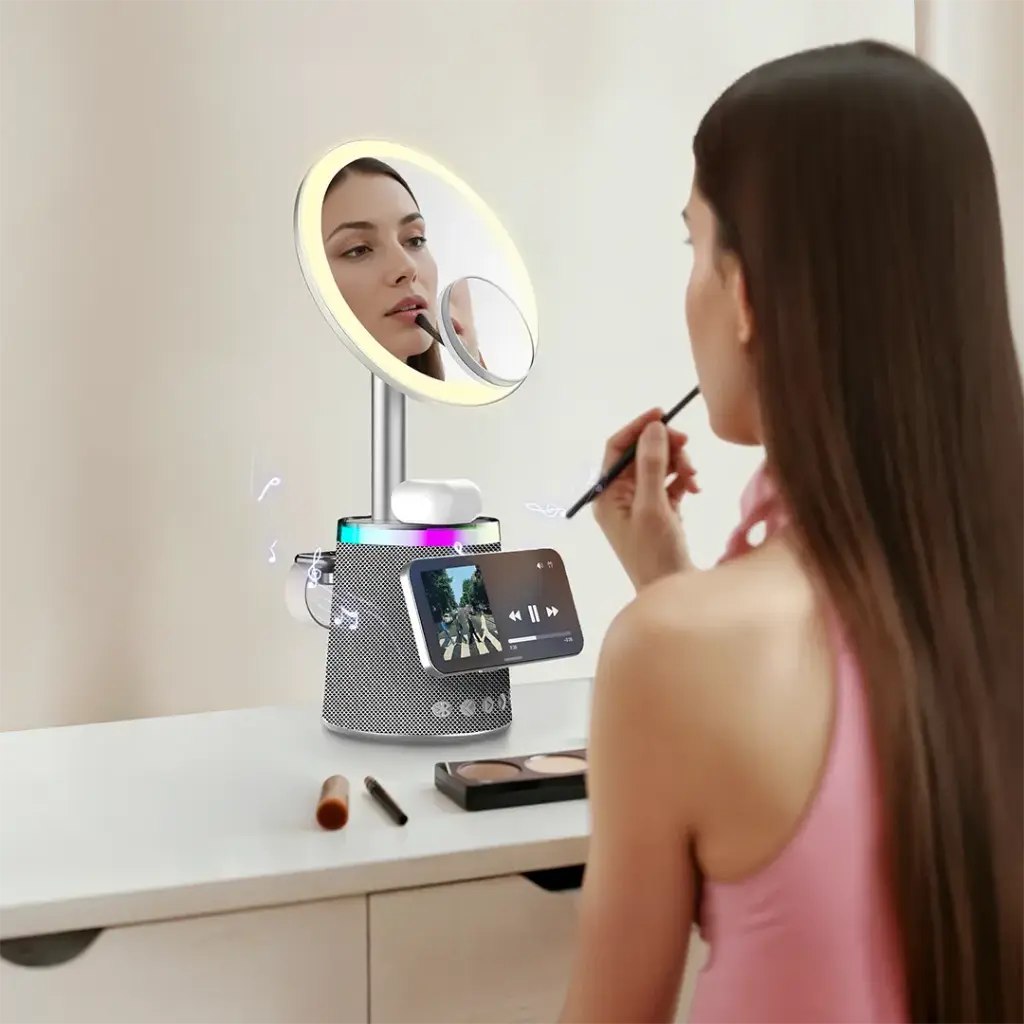 Porodo Makeup Mirror Wireless Charger & Speaker with RGB Lights - Silver