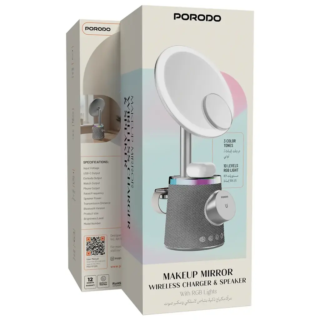 Porodo Makeup Mirror Wireless Charger & Speaker with RGB Lights - Silver