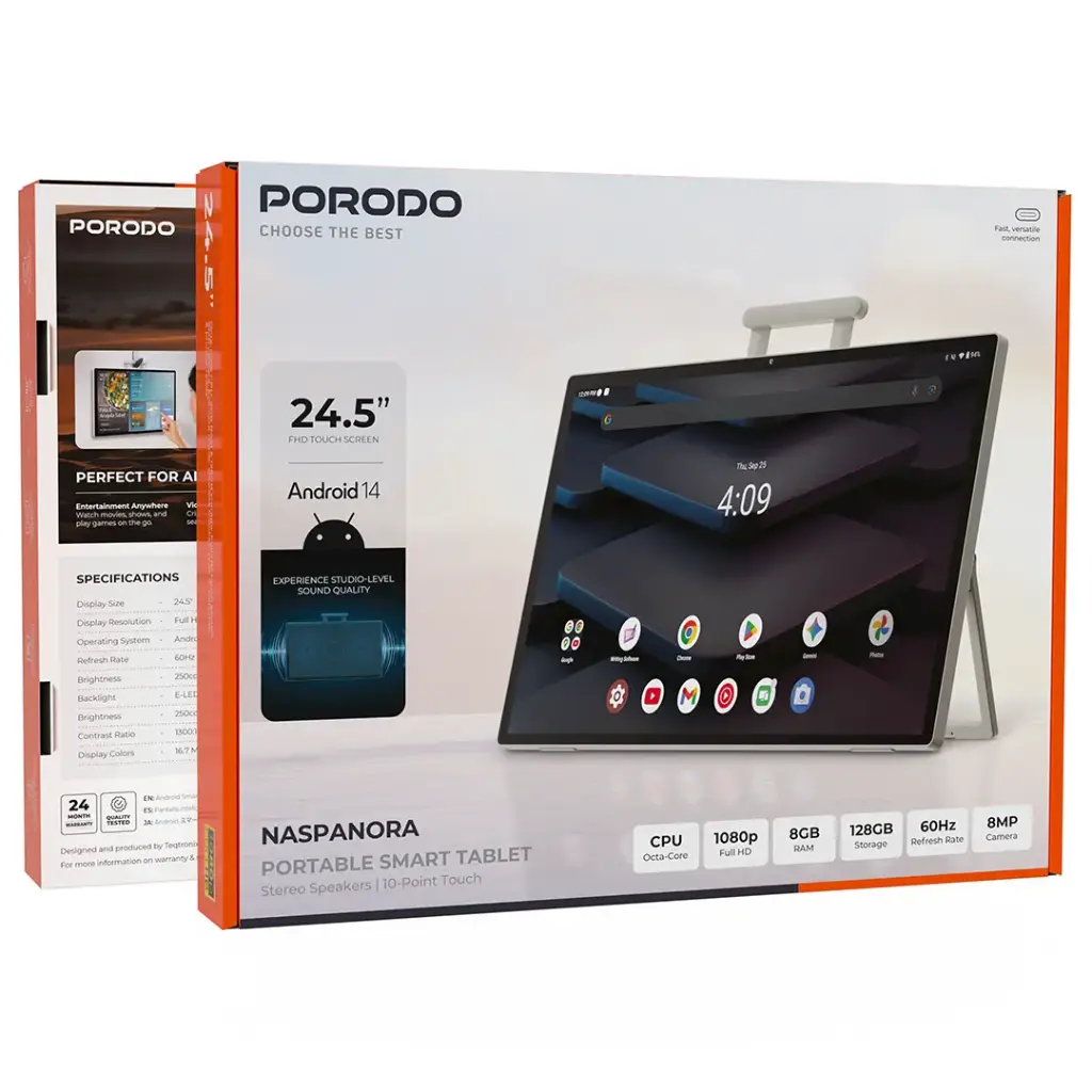 Porodo Naspanora Portable Smart Tablet with Stereo Speakers & 10-Point Touch - White
