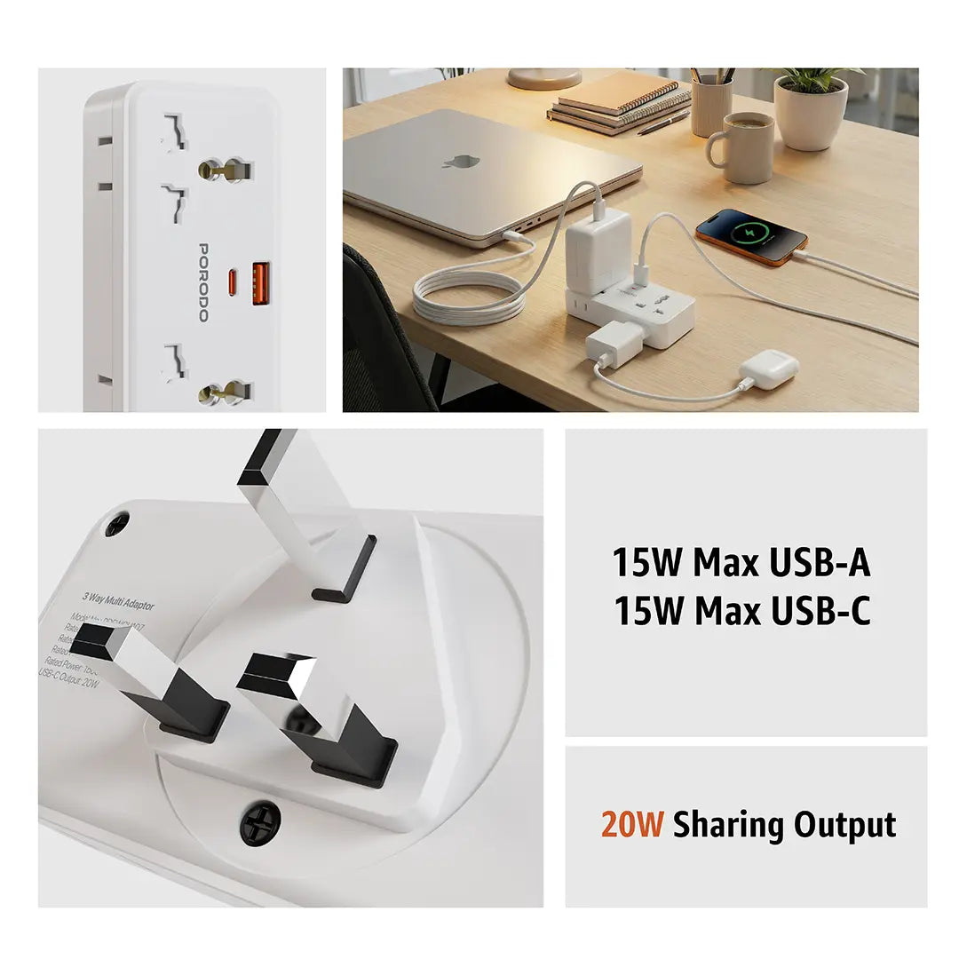 Porodo Plex 1500W Universal Adapter with Multiple USB & AC Outlets - White
