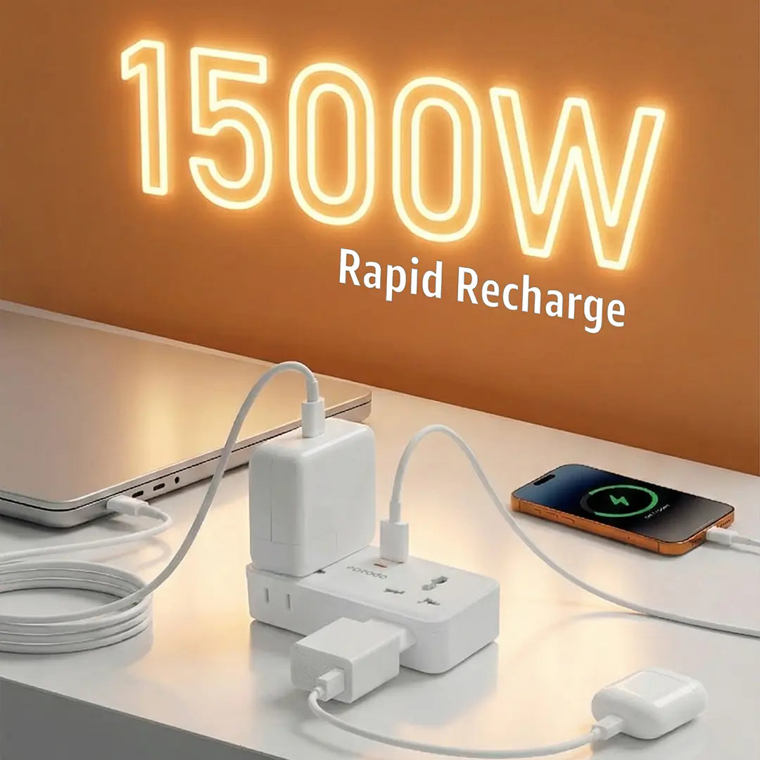 Porodo Plex 1500W Universal Adapter with Multiple USB & AC Outlets - White