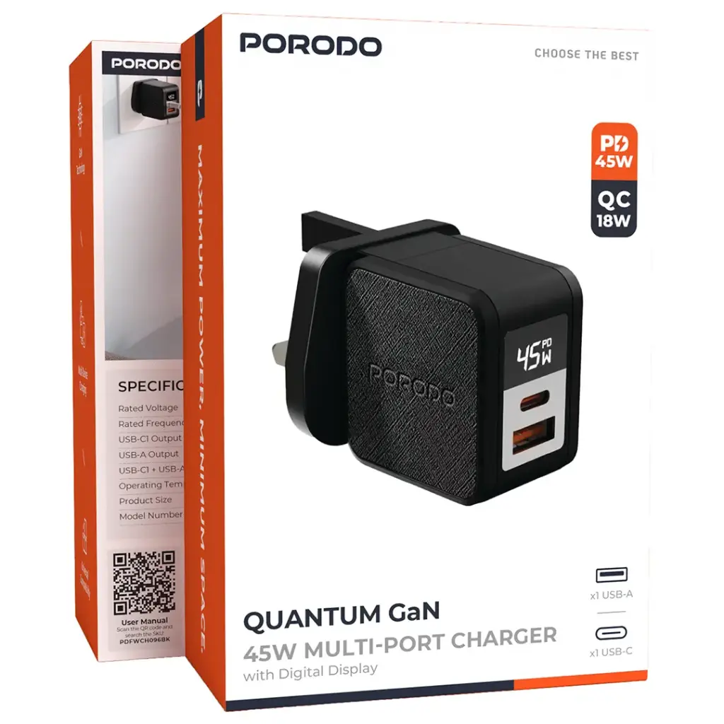 Porodo Quantum GaN 45W Multi-Port Charger with Digital Display - Black