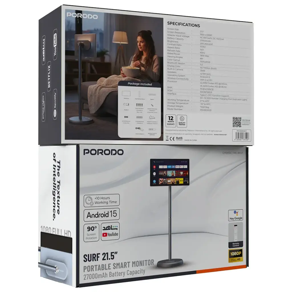 Porodo Surf 21.5" Portable Smart Monitor with 27000mAh Battery - Gray