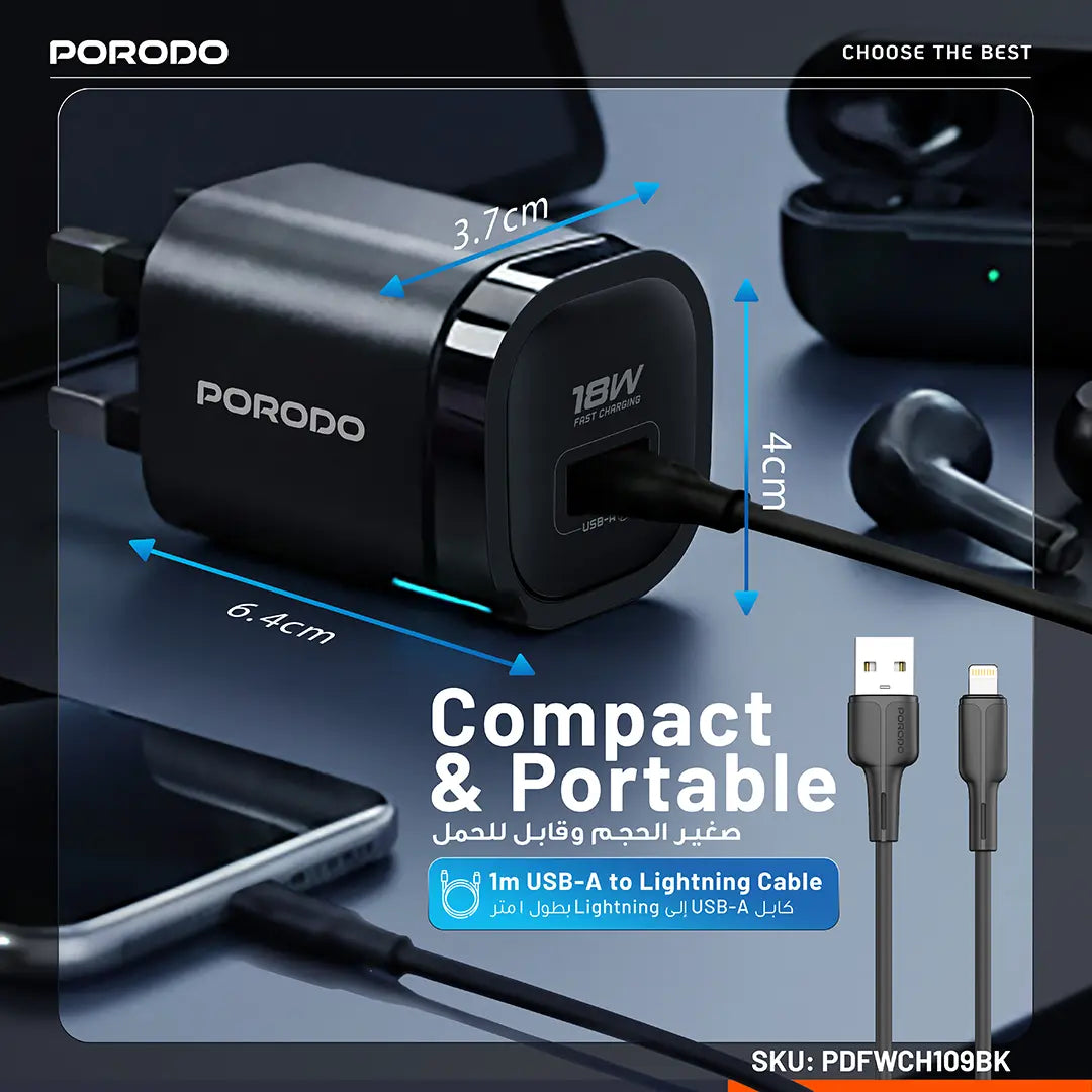 Porodo Tekto USB-A Wall Adapter - Black