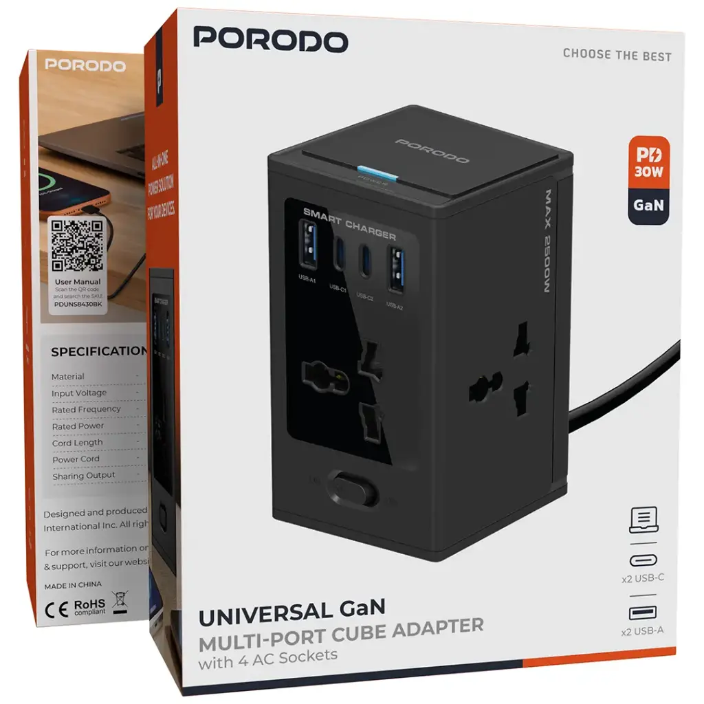 Porodo Universal GaN Multi-Port Cube Adapter with 4 AC Sockets - Black