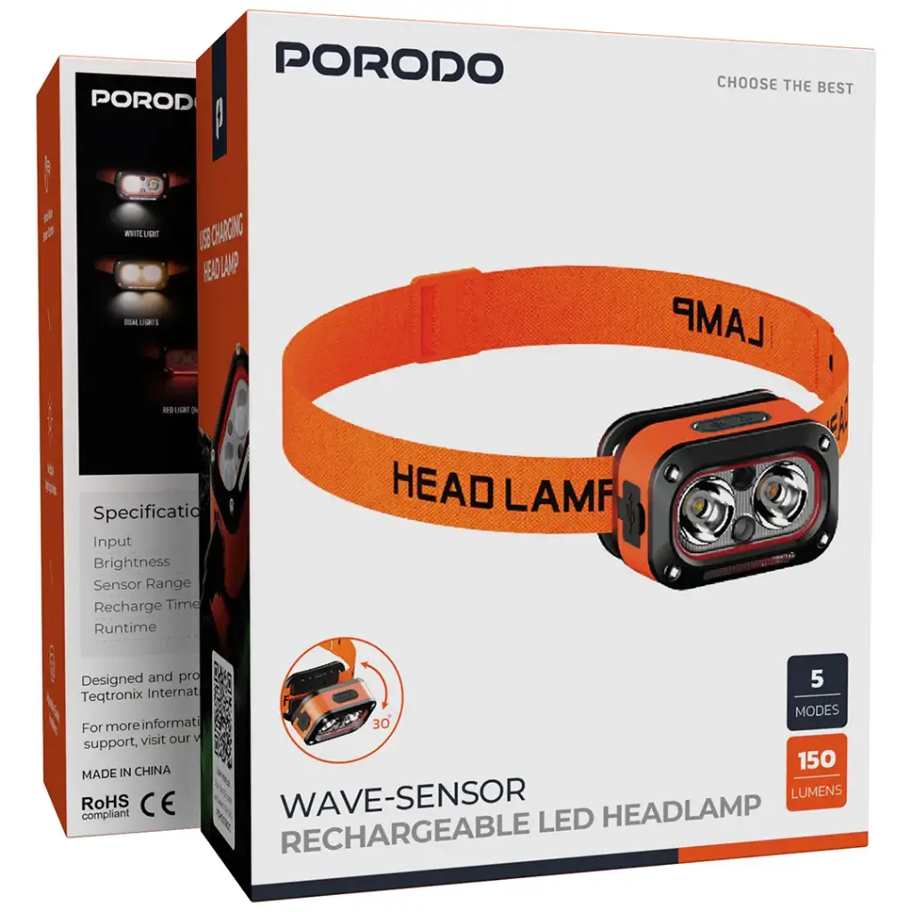 Porodo Wave-Sensor Rechargeable LED Headlamp - Orange