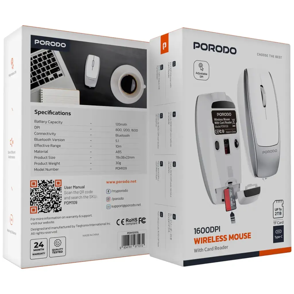 Porodo 1600DPI Wireless Mouse with Card Reader