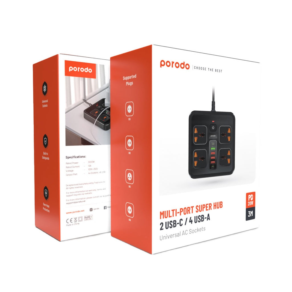 Porodo 3USB-A 2Type-C and 4AC Multiport Socket with UK Plug 3 Meter - Black .jpg