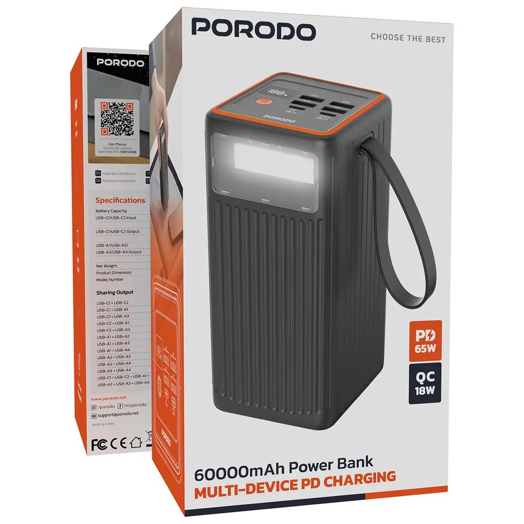 Porodo 60000mAh Power Bank Multi-Device PD Charging - Black
