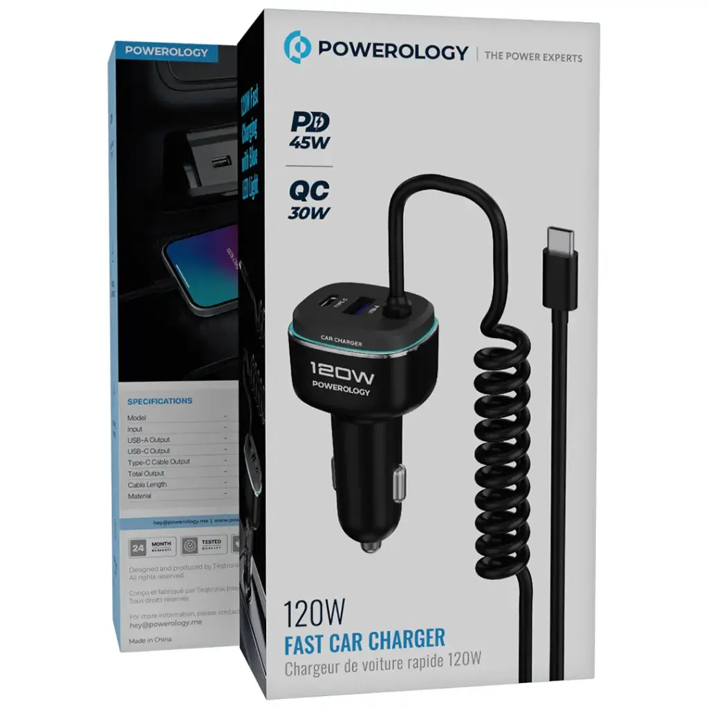 Powerology 120W Fast Car Charger - Black/Grey