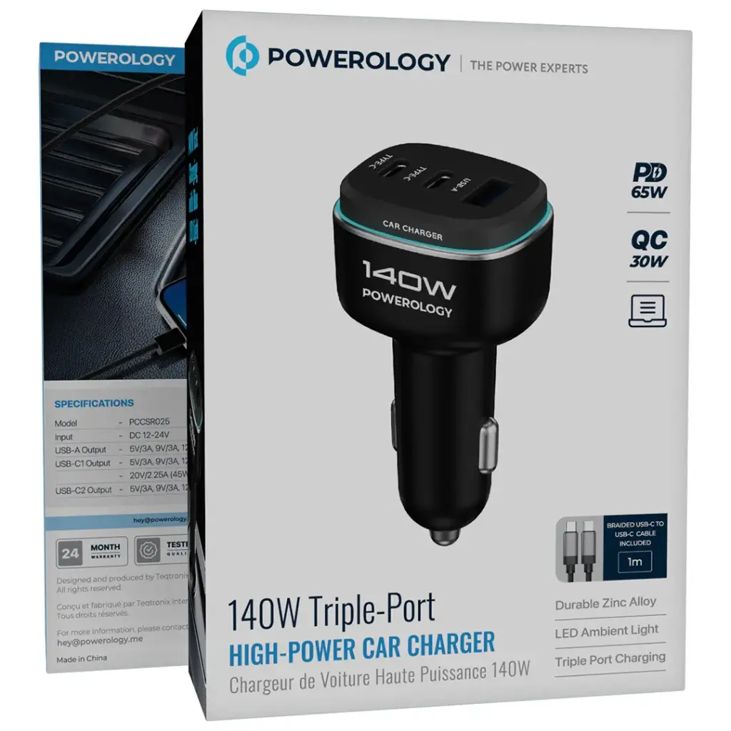Powerology 140W Triple-Port High-Power Car Charger